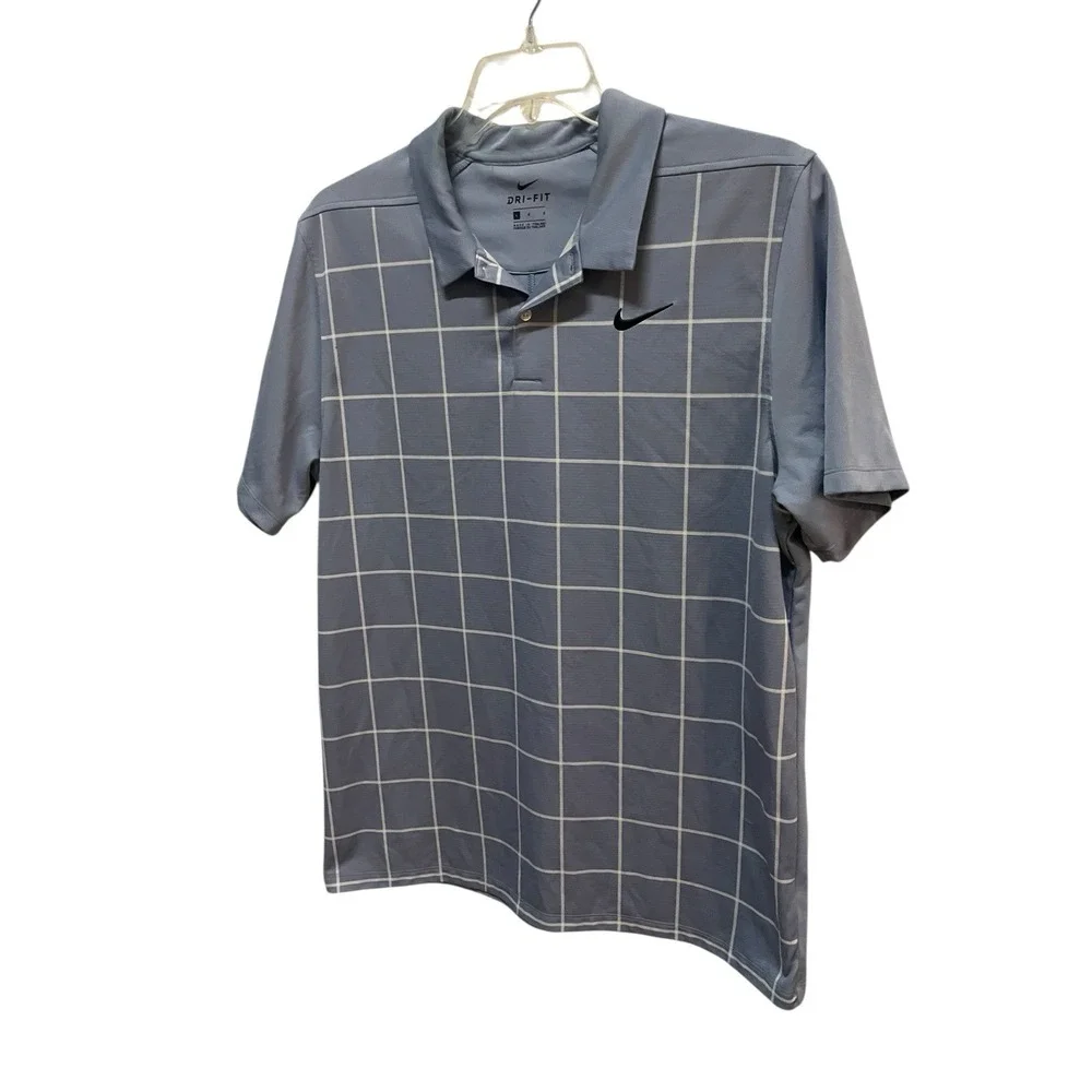 Nike Dri-FIT Men's Golf Polo‎ Large Blue White Check Performance Shirt
